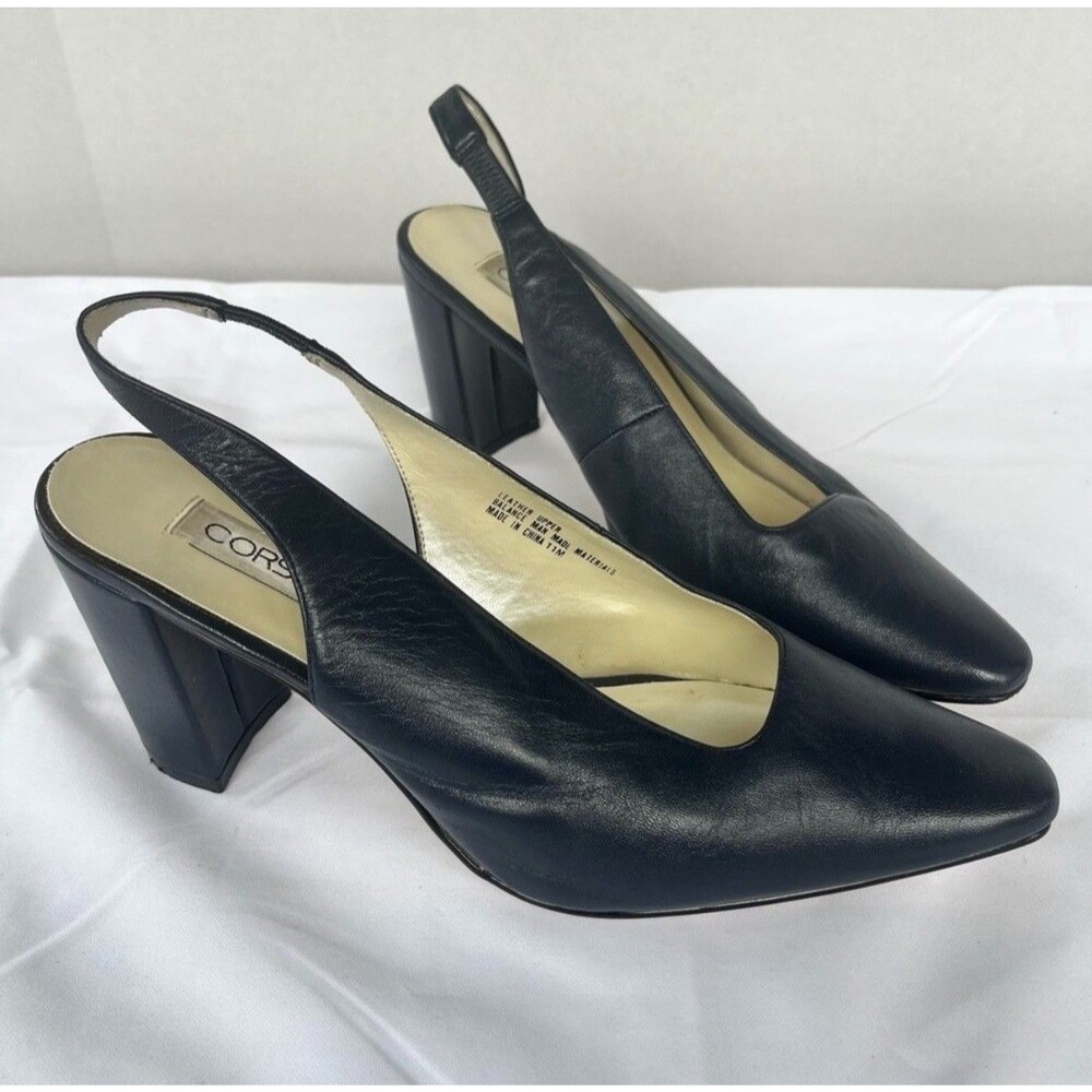 Corsina Navy Blue Leather Slingback Block Heel Pumps size 11M